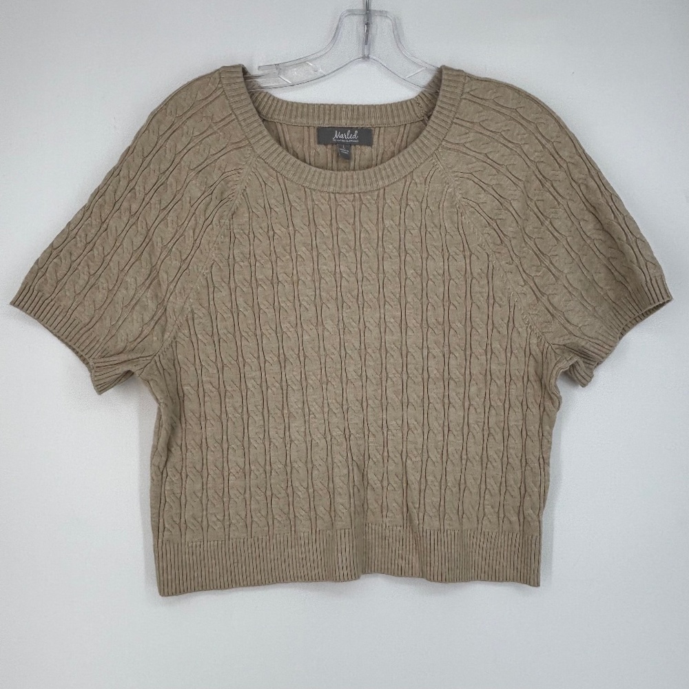 Marled Womens Large Fitted Cropped Sweater Light Beige Cable Knit Short Sleeves